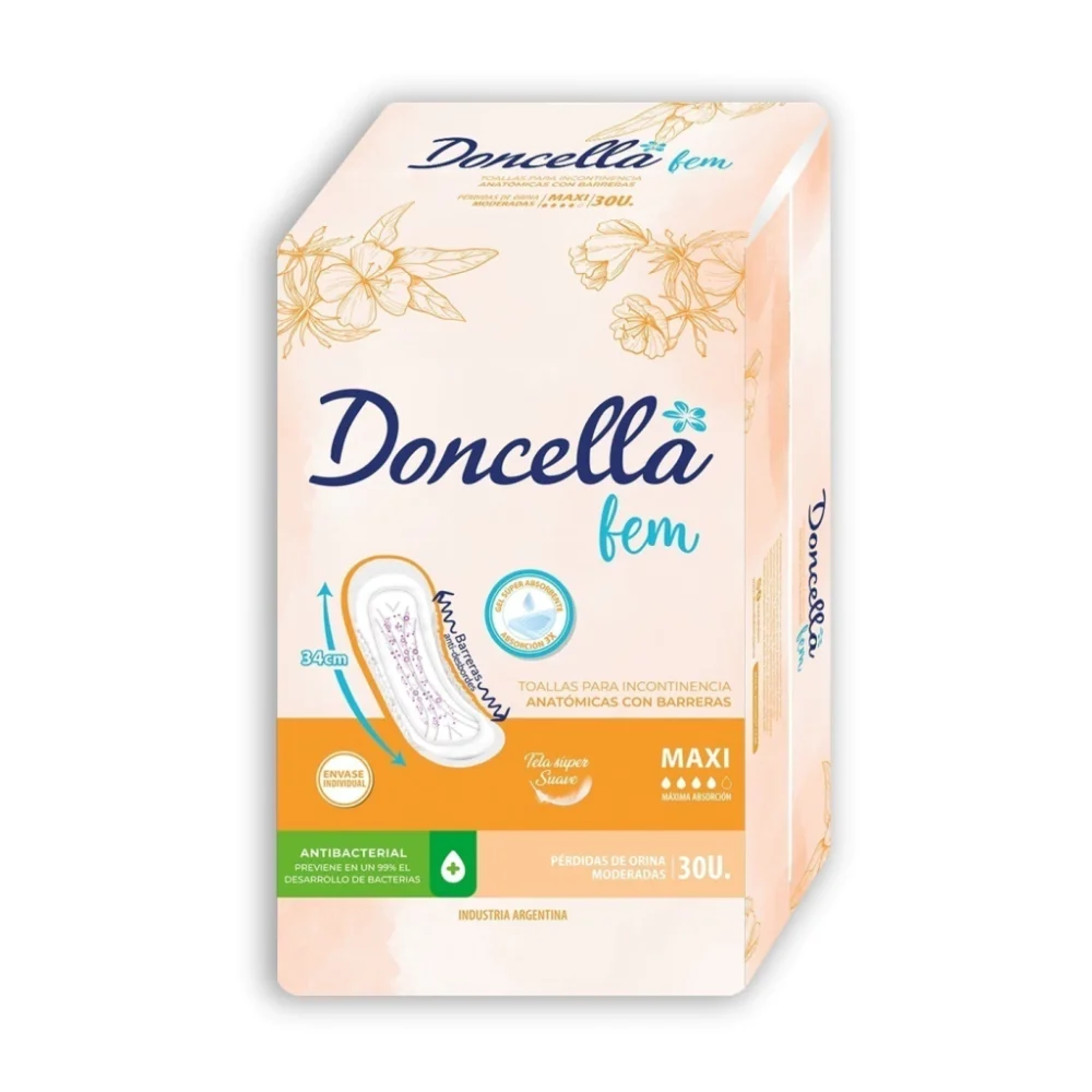 Doncella Fem Maxi Toallas para Incontinencia Anatómica con barreras x 30 uni.